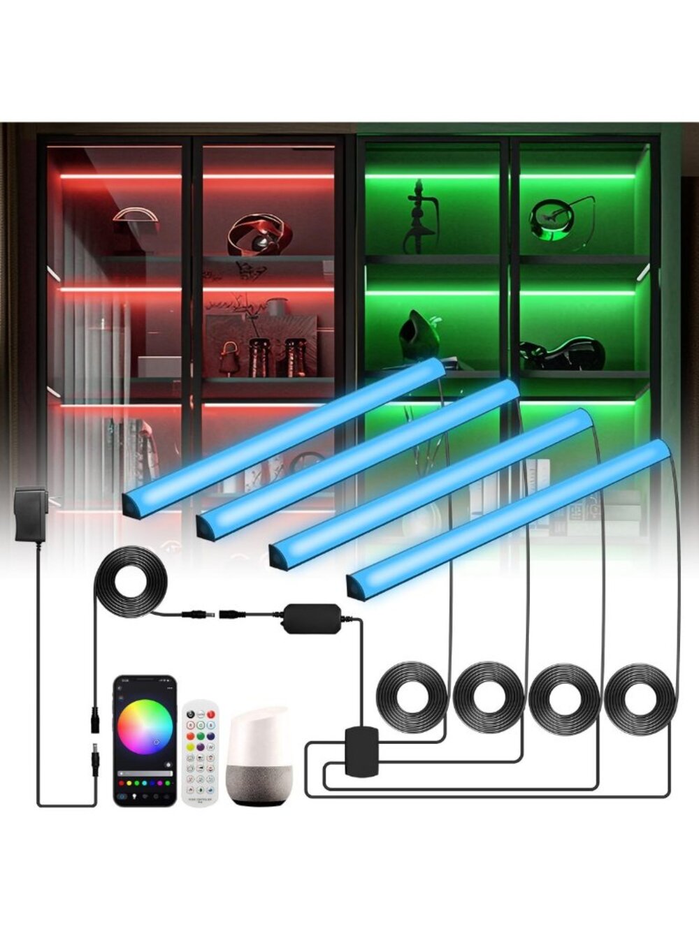 Dimmable RGB LED Shelf Lights for Bookcase & Display Case, Smart WiFi Remote
